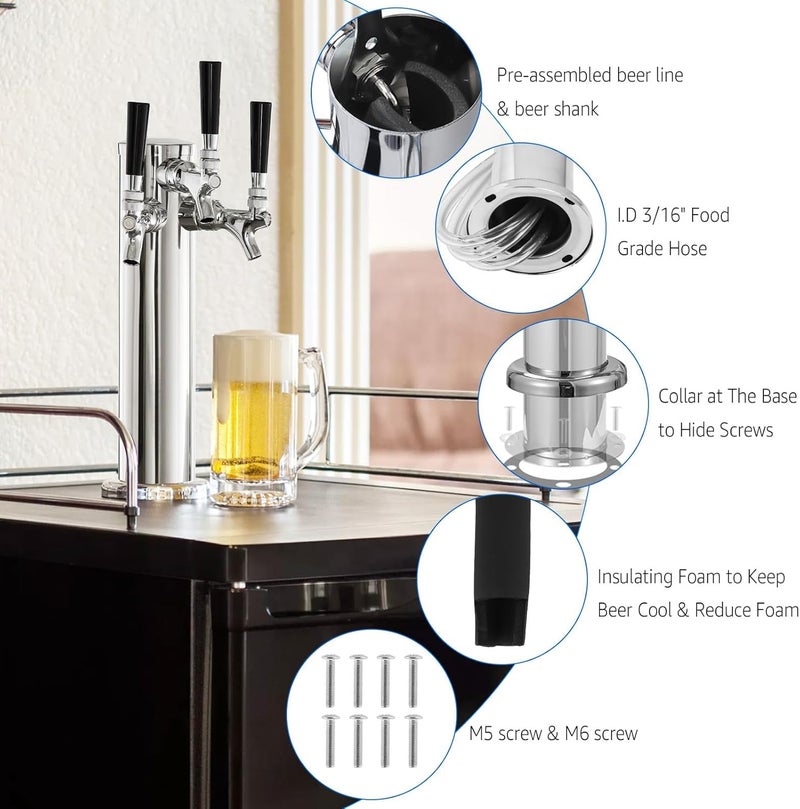 MRbrew Kegerator Tower Beer Tap Tower Dispenser 3 Faucet Beer Tower Draft Beer Dispenser Stainless Steel Keg Tap Tower 3'' Keg Tower Pre-assembled Line Beer Faucet Dispenser Kit For Home, Bar,Party - Image 5